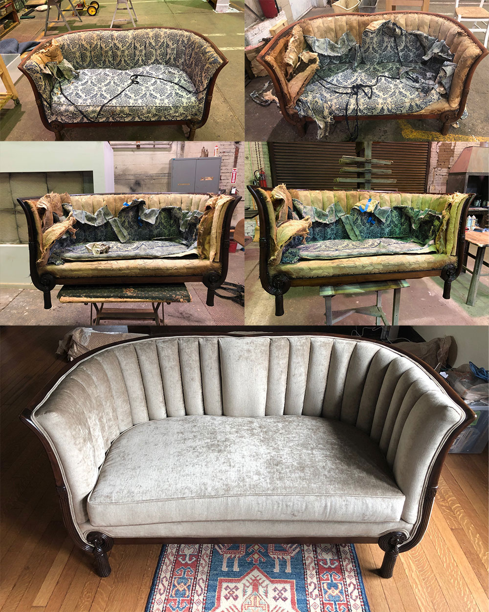 Steps in refinishing and re-upholstrey of a love seat